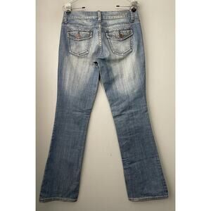 Zco Low Rise Bootcut Jeans Size 7 Blue Denim Button Flap Rhinestone Pockets Y2K